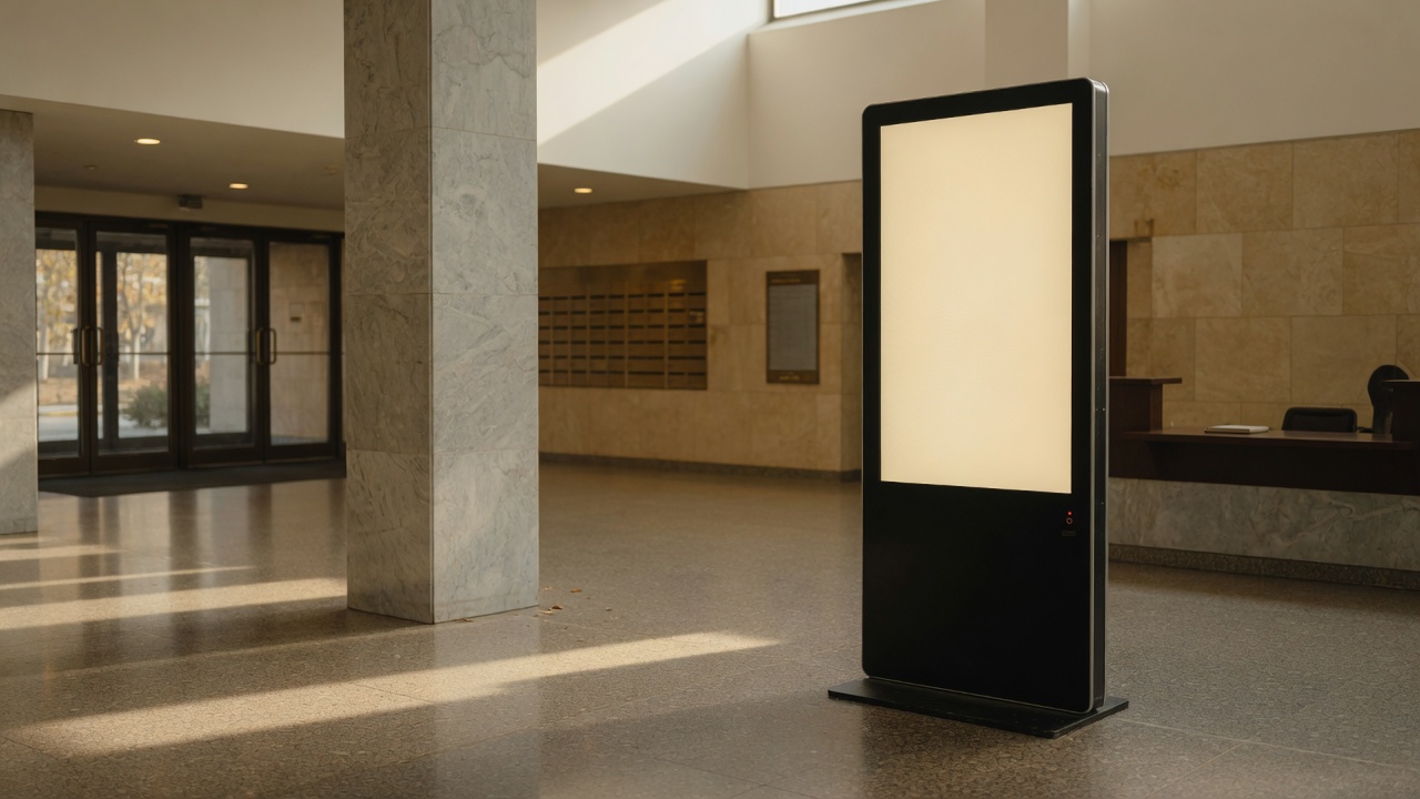 Totem escuro, com a tela acesa e vazia, no hall de um prédio.