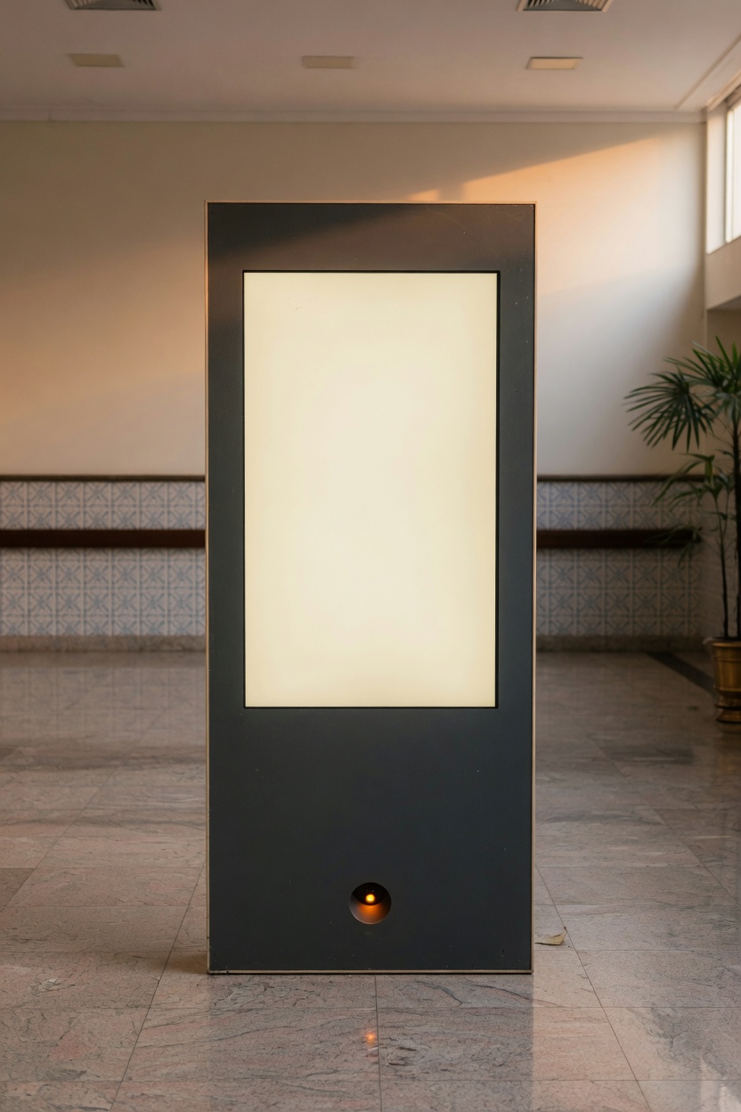 Totem de piso, tela clara e uma luz âmbar na base, num hall vazio.